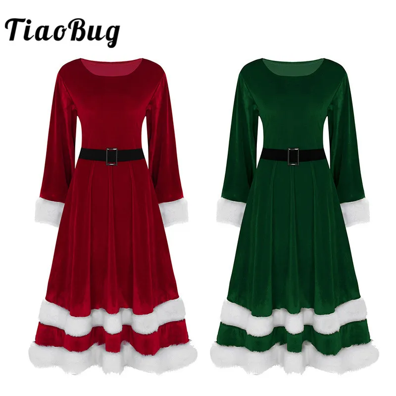 TiaoBug Women Soft Velvet Long Sleeve Red Green Christmas Costume Adult Ladies Mrs Santa Claus Xmas Fancy Cosplay Party Dress Up