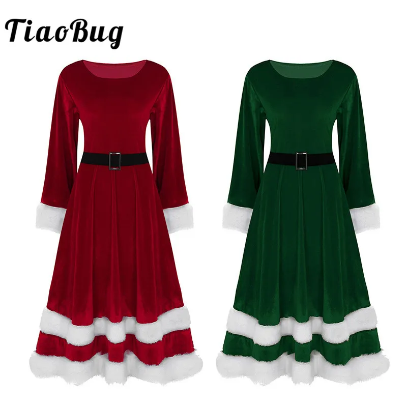 

TiaoBug Women Soft Velvet Long Sleeve Red Green Christmas Costume Adult Ladies Mrs Santa Claus Xmas Fancy Cosplay Party Dress Up
