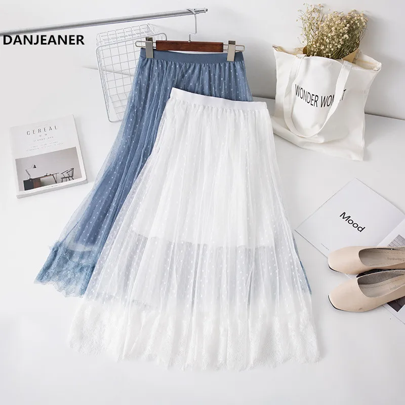 

DANJEANER Sexy Lace Mesh Long Skirt Women 2019 Summer A-line Midi Tulle Skirts Female High Waist Pleated Skirts School Skirts