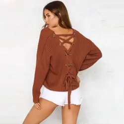 Сексуальный трикотажный пуловер с открытой спиной, топ со шнуровкой, осенне-зимний вязаный свитер, элегантный женский Свободный