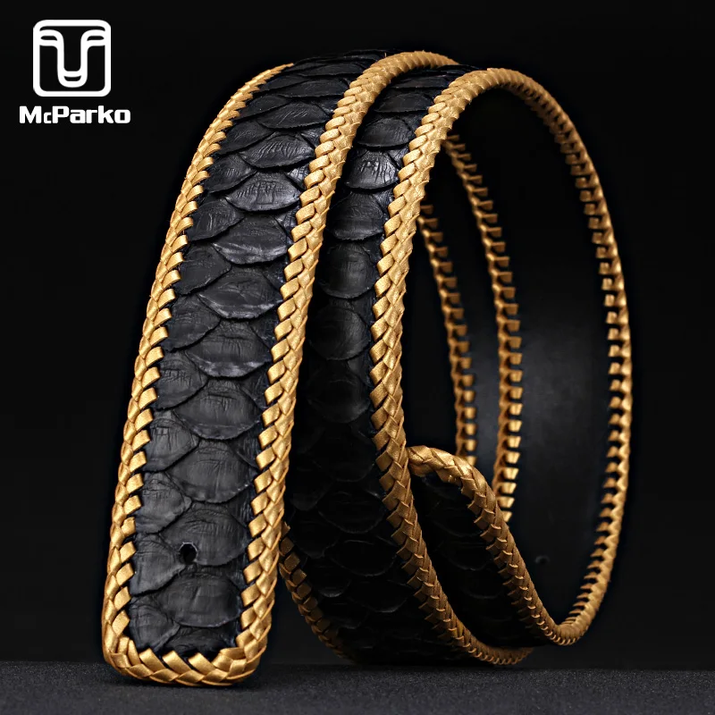 

McParko Luxury Belt Men Genuine Leather Snakeskin Belts without Buckle Fashion Weaving Design PYTHON Skin Mens Waist Belts 3.8cm