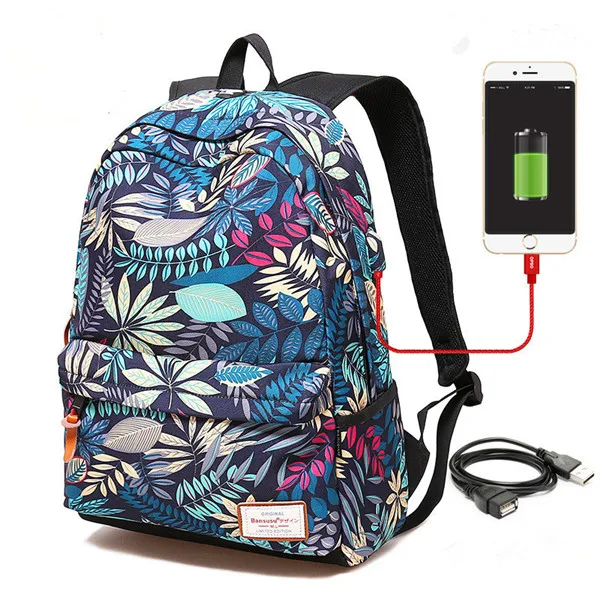 Популярный рюкзак для ноутбука с usb зарядкой, Женский школьный рюкзак для подростков, студентов, девочек, сумка с принтом, женские рюкзаки, рюкзак для путешествий - Цвет: Blue Big
