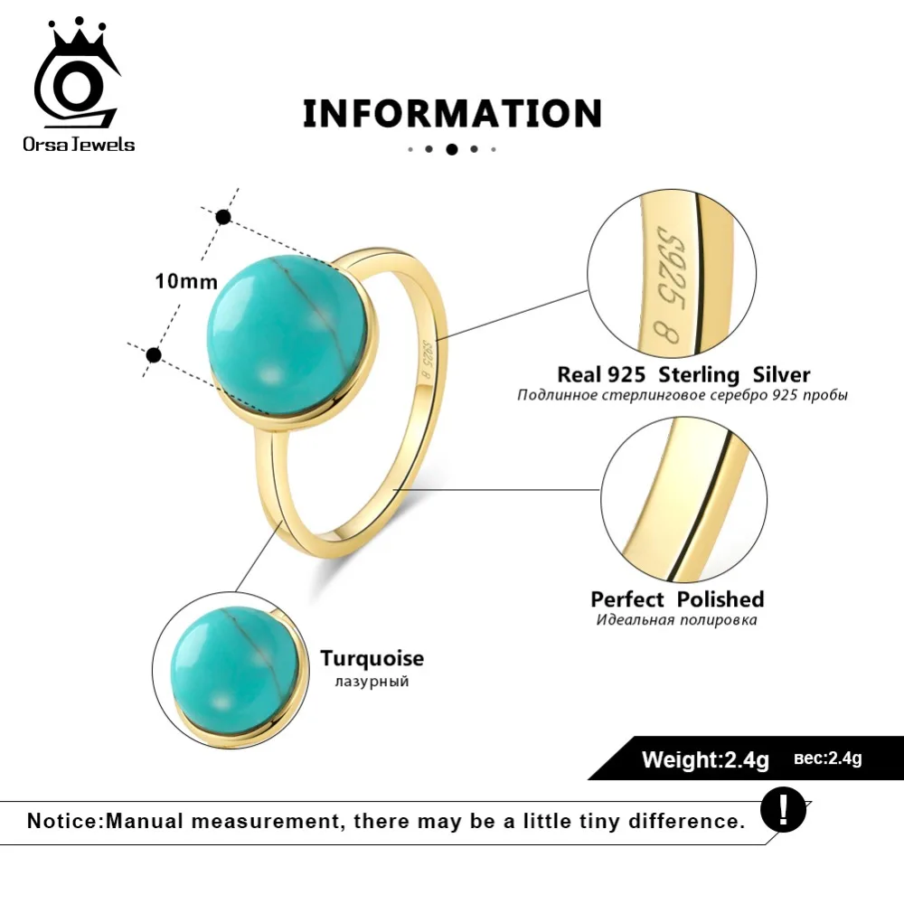 ORSA JEWELS Genuine 925 Sterling Silver Rings For Women Natural Stone Turquoises Anniversary Ring Fashion Female Jewelry SR69