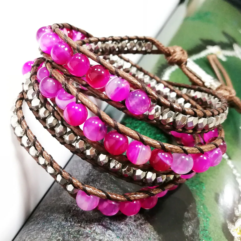 

Yuteng 3 Row Natural Stone Handmade Leather Wrap Bracelet Genuine Leather 6mm Pink Onyx Agates Cuff Bracelet Unisex LL8238