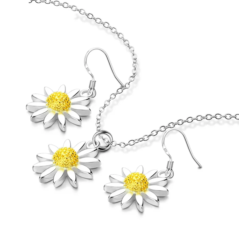 

Hot sale new fashion 925 sterling silver Earrings /necklace Jewelry Set for Women Elegant golden sunflower party Jewelry gift