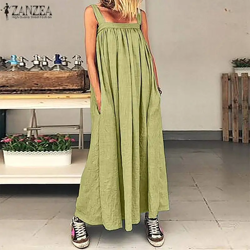 

Bohemian Maxi Dress Women's Sundress ZANZEA 2019 Summer Sleeveless Pleated Vestidos Female Square Collar Robe Femme Kaftan 5XL