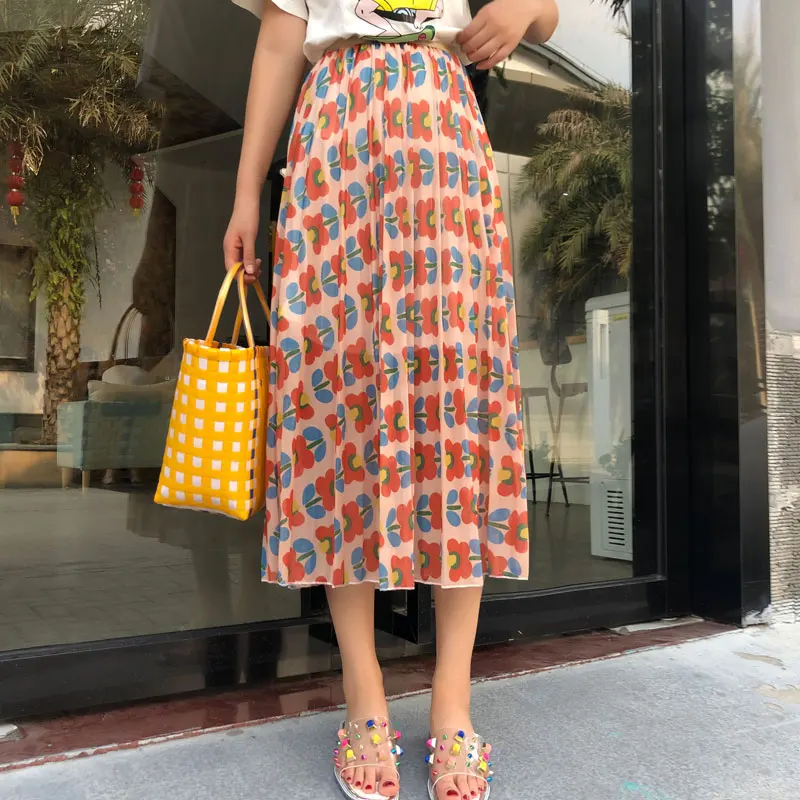 Модная женская юбка с цветочным принтом, эластичная талия, Женская юбка макси, летняя длинная Плиссированная юбка, Jupe Femme faldas mujer moda