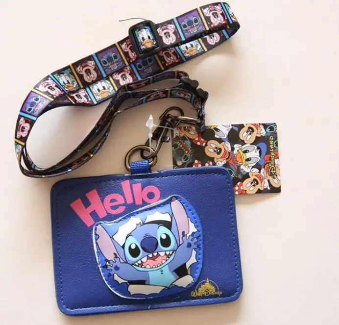 

1pcs cartoon stitch pu Card Holder Identity Badge with Lanyard Neck Strap Card Bus ID Holders With Key Chain
