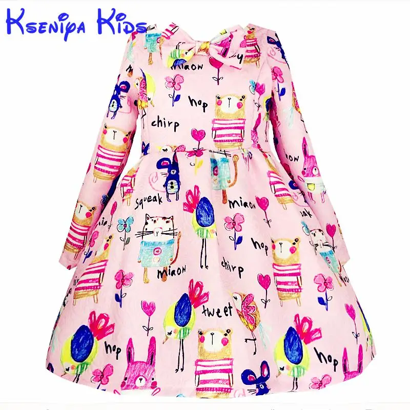 

Kseniya Kids Winter Cartoon Girl Dress Long Sleeve Bow Hand Graffiti Ruffle Dress Girls Satin Cotton Children's Dresses 2-10y