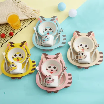 

5pcs/set Baby Dish Training Tableware Children Cute Raccoon Feeding Food Dishes Kids Dinnerware with Bowl Cup Spoon Fork Plate