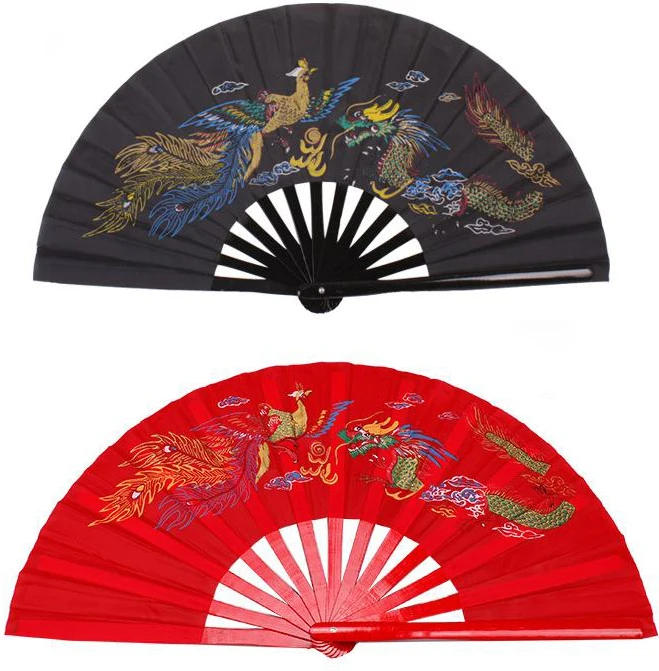 

2colors bamboo black/red dragon-phoenix kung fu tai chi fans martial arts performance fitness taiji fan with bag high quality