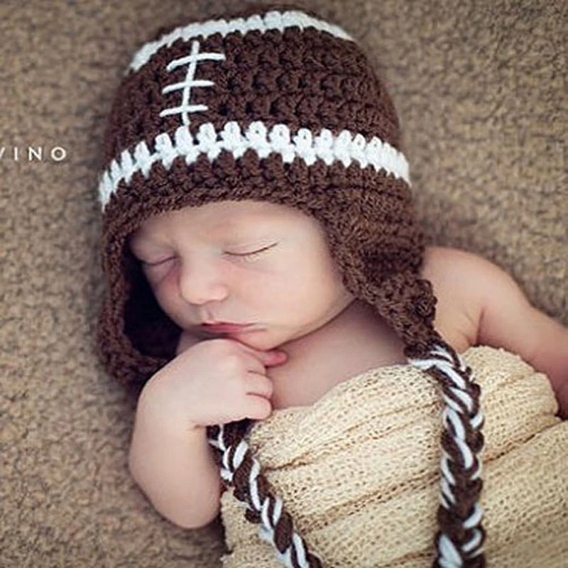 Bebe Garcon Headmade Crochet Tricote Bonnets Cap Chapeau Bebe Infantile Football Conception Avec Oreillettes Nouveau Ne Des Accessoires Photo Aliexpress