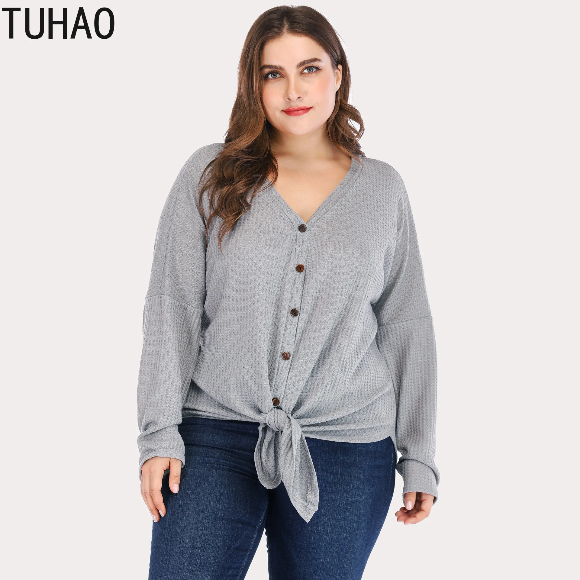 

TUHAO 2019 Autumn Plus Size 3XL Women's Office Lady Blouses Irregular Button Knitted Sweater Casual Loose Shirt Blouse Tops WL3
