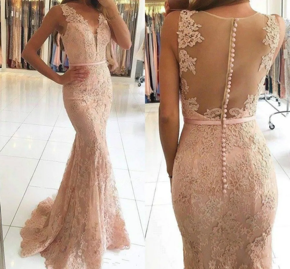 37-1    New Beads Lace Mermaid Pink Prom Dress Party Formal Evening Gown Pageant Custom