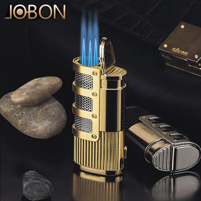

New original jobon Windbreak gas Inflatable Lighter Creative Metal three Direct Blue Flame Cigar Lighter Men's High-end Gifts