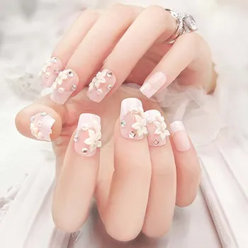 

wedding Nail Tips 24pcs bride Fake Nails with glue Elegant 3D Flower Pattern shiny crystal inlay false Nails faux ongle tips