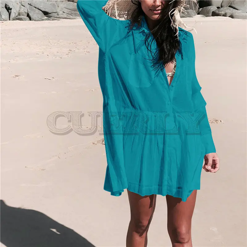 

CUERLY 2019 fashion White Cotton Tunic Beach Dress Women Summer Beachwear Long Sleeve Turn Down Collar Pocket Front Mini Dresses