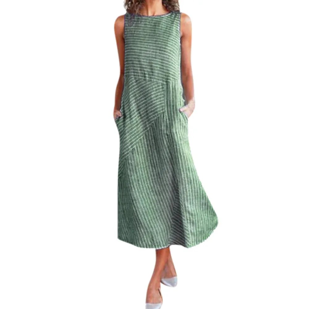 

Women Dress Casual Striped Print Sleeveless Dress Crew Neck Linen Pocket Long Dress
