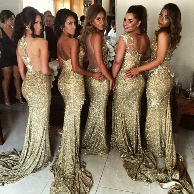 5 Styles Sequins Side Mermaid Lace Gold Bridesmaid Gowns 5 Styles Sequins Side Mermaid Lace Gold Bridesmaid Gowns Champagne Silver Sequined Dresses Fast Shipping In From