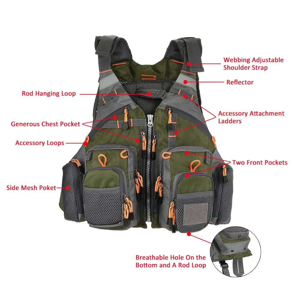 This Perfectly Crafted breathable sports life utility jacket includes a premium ripstop polyester shell and replaceable EPE foam inside for superior buoyancy. This excellent sports jacket includes Four generous chest pocket, four zipped front pockets, two side mesh pocket, and one generous back pocket in total.