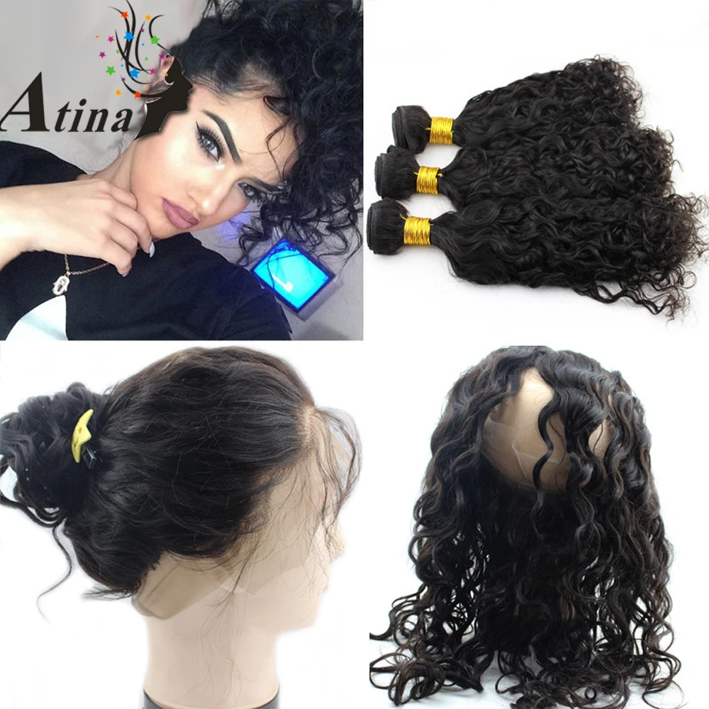 

Water Wave 360 Frontal Band with Bundles and Baby Hair Indian Virgin Pre Plucked Full 360 Lace Frontal Closure With Bundle Atina