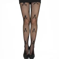 1 Pcs Sexy Stay Up Thigh High Tights Fishnet Mesh Skull Print Punk Stretch Pantyhose For Women Accessories