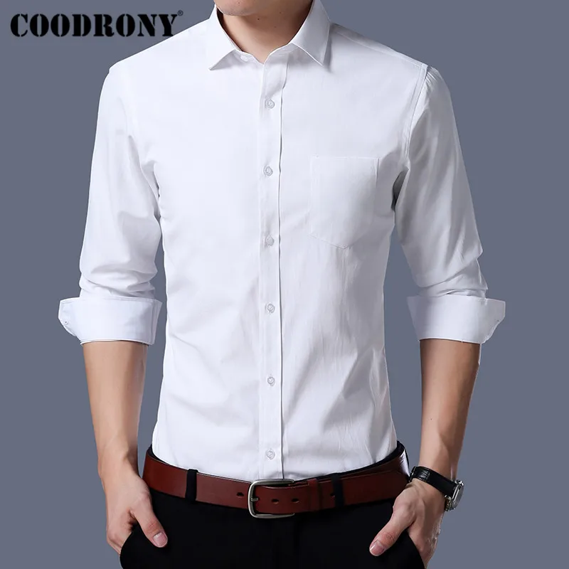

COODRONY Men Shirt Autumn Business Casual Shirts With Pocket Classic White Shirt Men Long Sleeve Cotton Camisa Masculina 96035