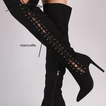 Красивые женские пикантные черные замшевые сапоги до колена на тонком высоком каблуке, модные высокие сапоги с острым носком и перекрестными ремешками сбоку, на шнуровке, на молнии