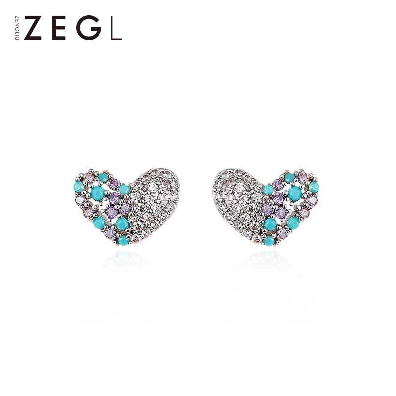 

ZEGL 925 silver love heart earrings female temperament Morandi color earrings net red high-end earrings