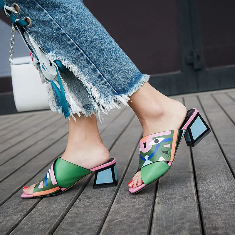 

2019 Size 34-43 top quality genuine leather women sandals fashion square heels summer shoes shallow unique mules shoes woman