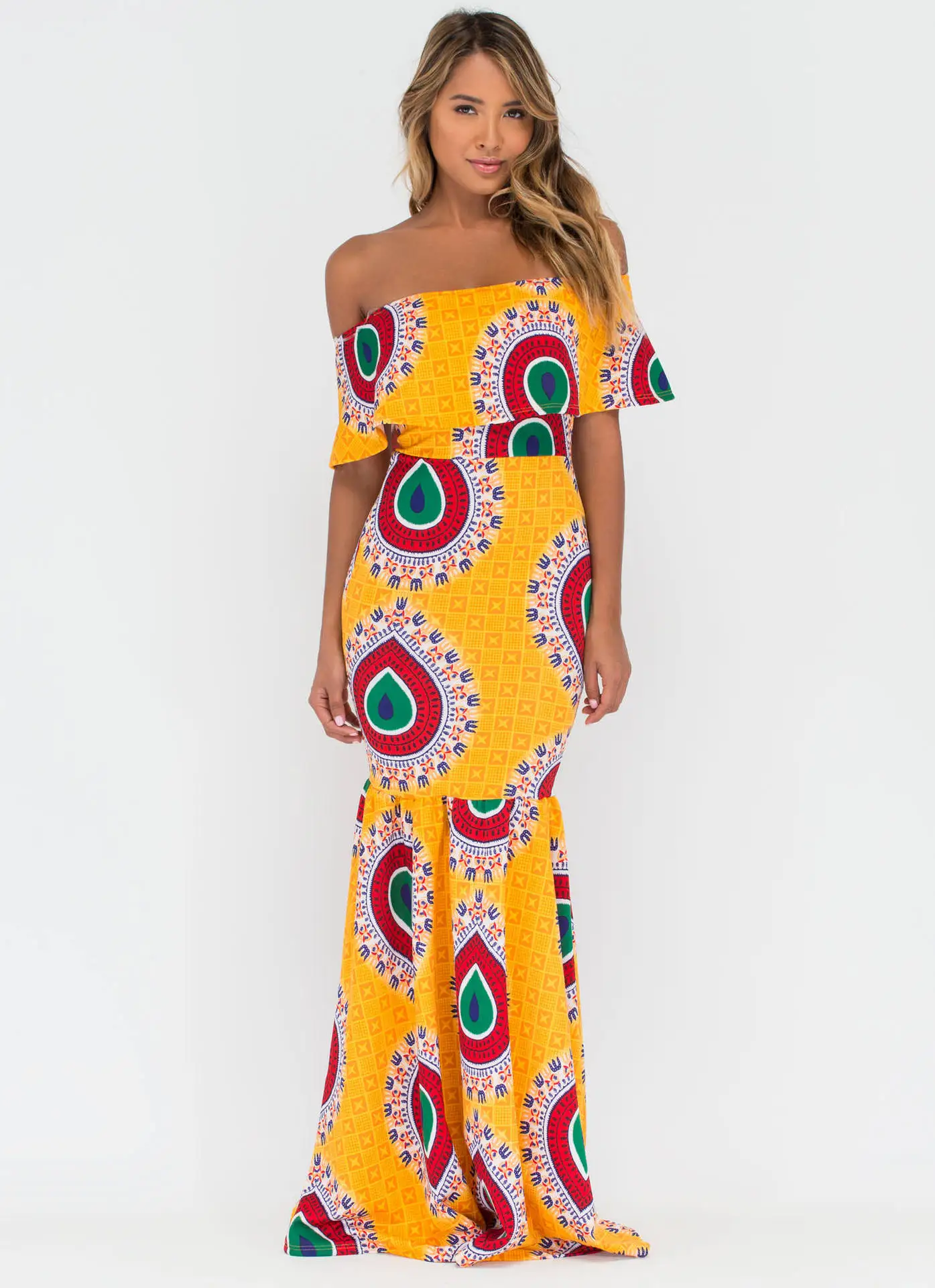 2018 Printed dress fishtail long dress LZ 027 yellow