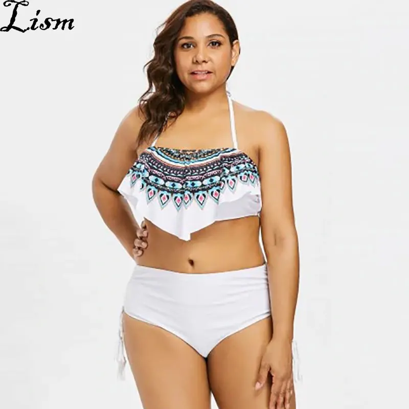 

Plus size White Black Floral Print Swimsuit High Waisted Bikini Set Two piece Large size XXL 4XL bathing suit women tankini Set