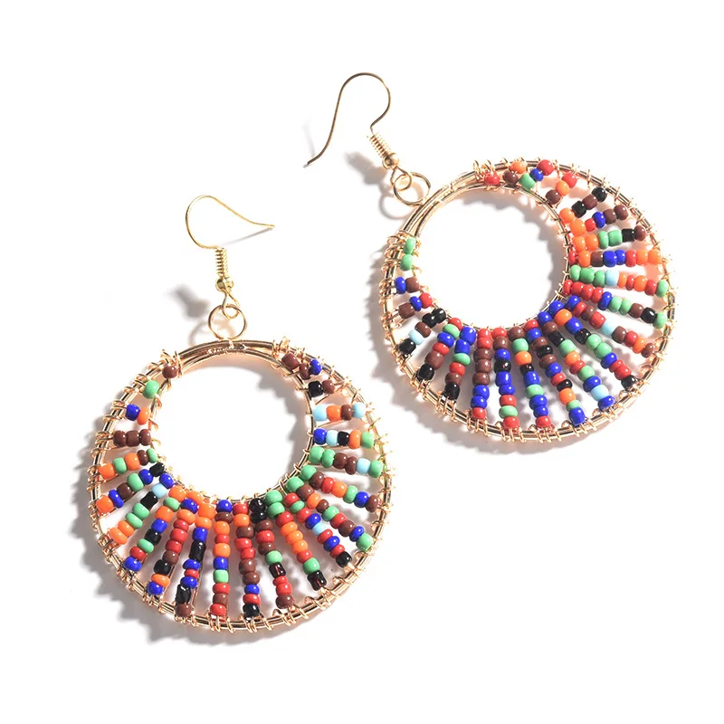 

Bohemia Mix Color Beads Round Earrings for Women Vintage Ethnic Hollow Circle Pendant Dangling Ear Cuff Earrings