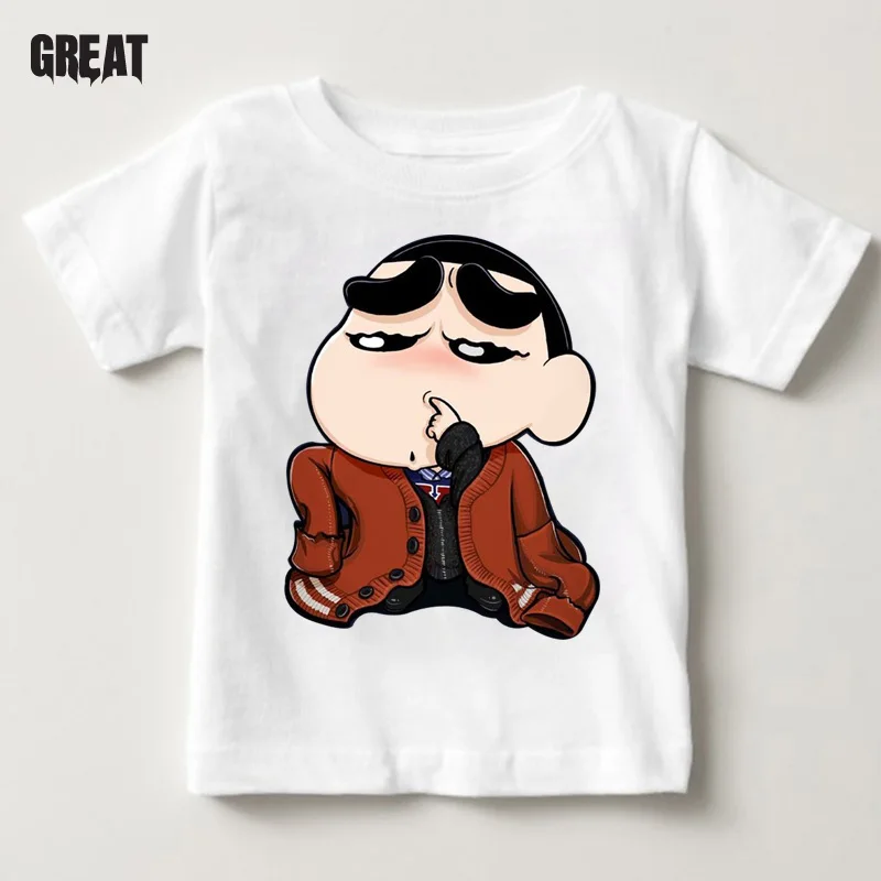 

Spoof Crayon shin-chan clothing Japan anime Children's t shirt Cartoon Girl t shirts white top boy clothes Brand Clothing