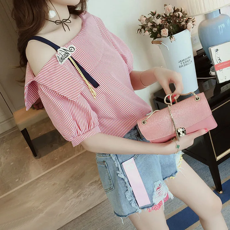 

Mr.nut Korean version of the summer tshirt word shoulder stripes loose commuter women's T-shirt