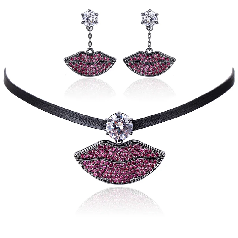 Very Girl Women Big Mouth Lips Red CZ Pendant Leather Choker Necklace