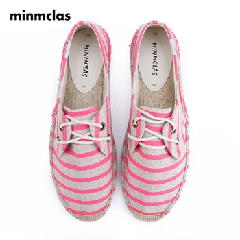 

MInmclas High Quality Stripe Lace Up Comfortable Ladies Womens Casual Espadrilles Shoes Breathable Flax Hemp Canvas for Girls