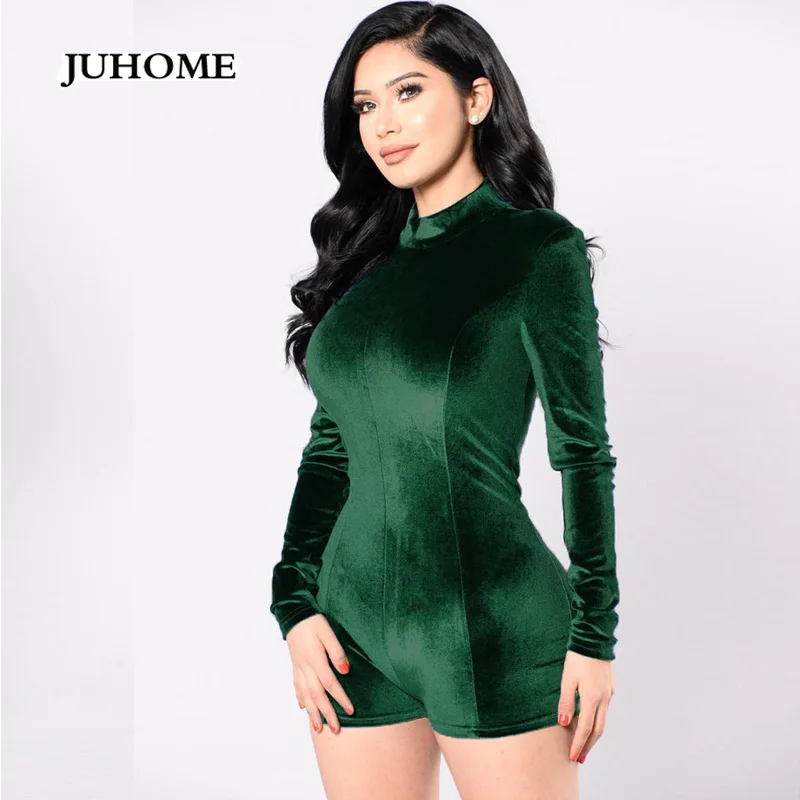 

2018 new winter velvet bodysuit green overalls Casual macacao rompers women jumpsuit long sleeve combi short coveralls dungarees