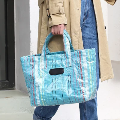 

Women Trendy Weave Straw Bag Lady Summer PVC Beach Bags Holiday Large Plaid Top-Handle Handbags Brand Handmade Shopping Basket