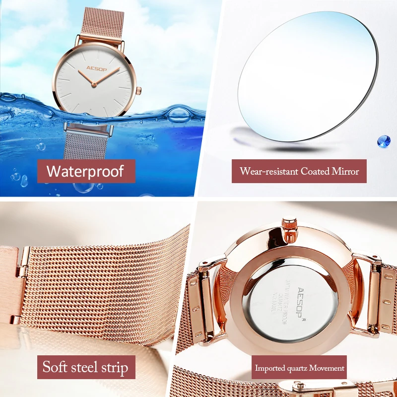 AESOP розовые, золотые, женские часы для женщин короткие элегантные кварцевые наручные часы простые тонкие женские часы водонепроницаемые