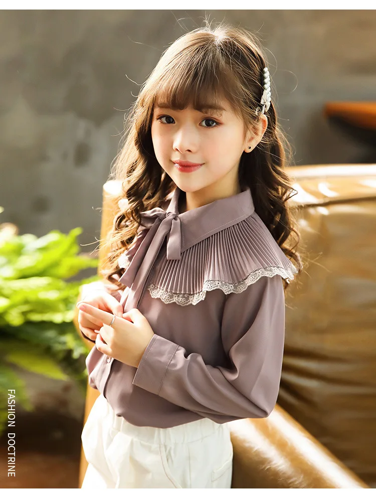 Новинка года, детские блузки рубашки с длинными рукавами в Корейском стиле Модная рубашка для малышей блузка с бантом для девочек Весенняя кружевная Детская рубашка#3795