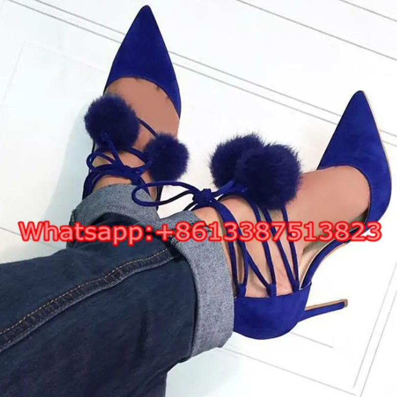 Zapatos Mujer Suede Pompom Faux Fur Women Sandals Feather Pointed Toe Ankle Strappy Stiletto High Heels Sexy Ladies Shoes Woman