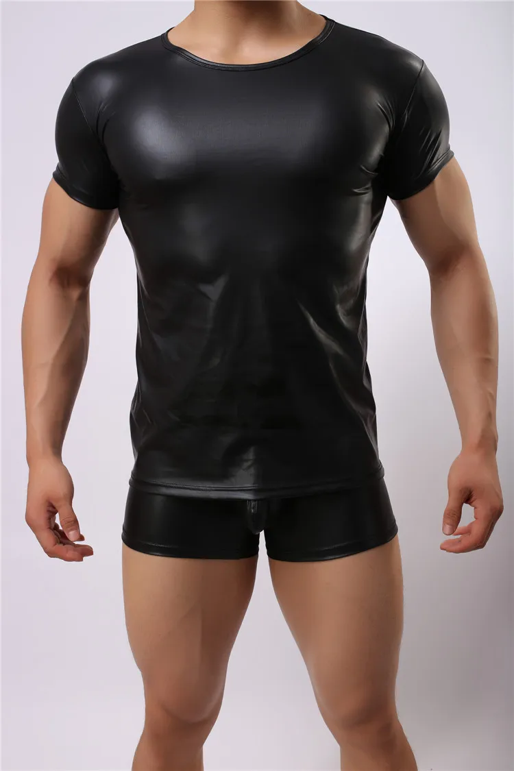 1PCS Faux Leather T Shirts Cool Men Night Tight Shirts Sexy Leather