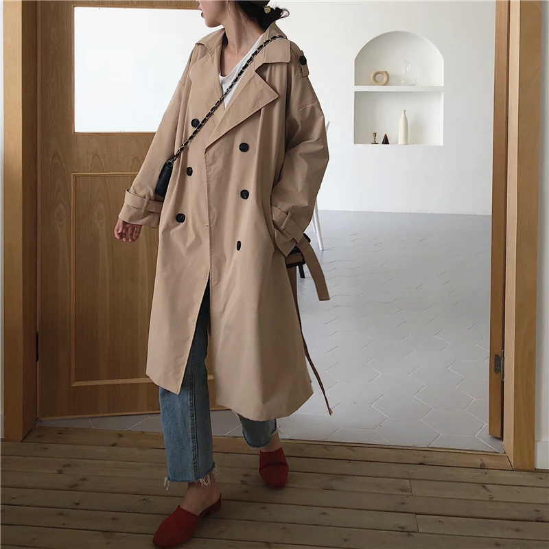 

Autumn Spring Korean edition loose lapel double-breasted windbreaker jacket female retro temperament medium coat cardigan