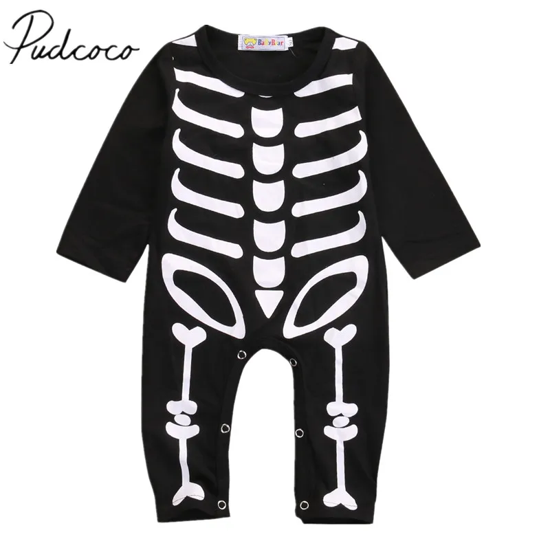 

2018 Brand New Newborn Baby Boy Girl Halloween Rompers Long Sleeve Black Cotton Jumpsuits Skull Playsuit Novelty Outfit 0-24M