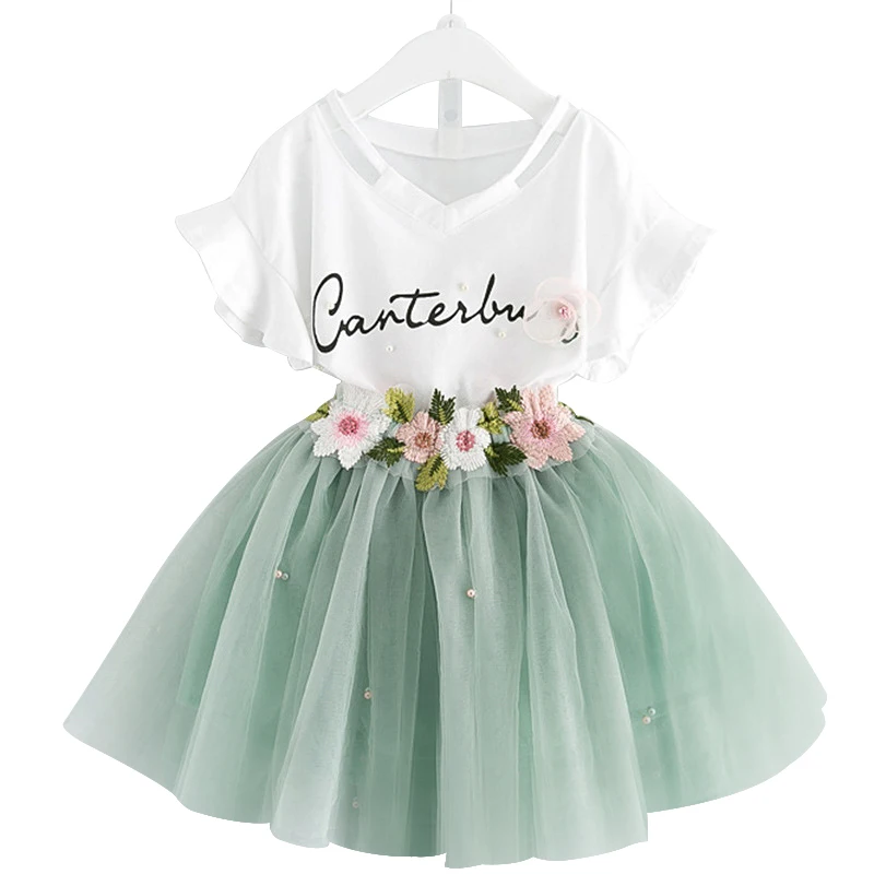 Online Gadis Gaun 2019 Musim Panas Baru Bayi Gadis Pakaian Lengan Pendek Katun T Shirt + Gaun 2 Pcs Pakaian Set Fashion 2 7 Thn Anak anak Pakaian