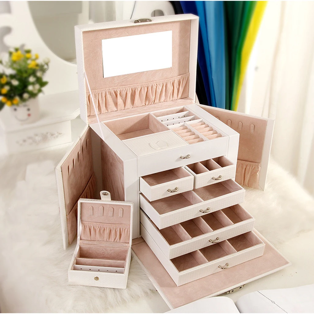 

Artifical Leather Elegant Traditional Lock Jewelry Display Box Organizer Storage With Mini Travel Case White/ Black