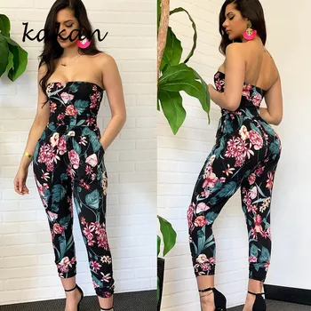 

Kakan new women's sexy digital print wrapped chest jumpsuit Slim bag nightclub pink black tight jumpsuit