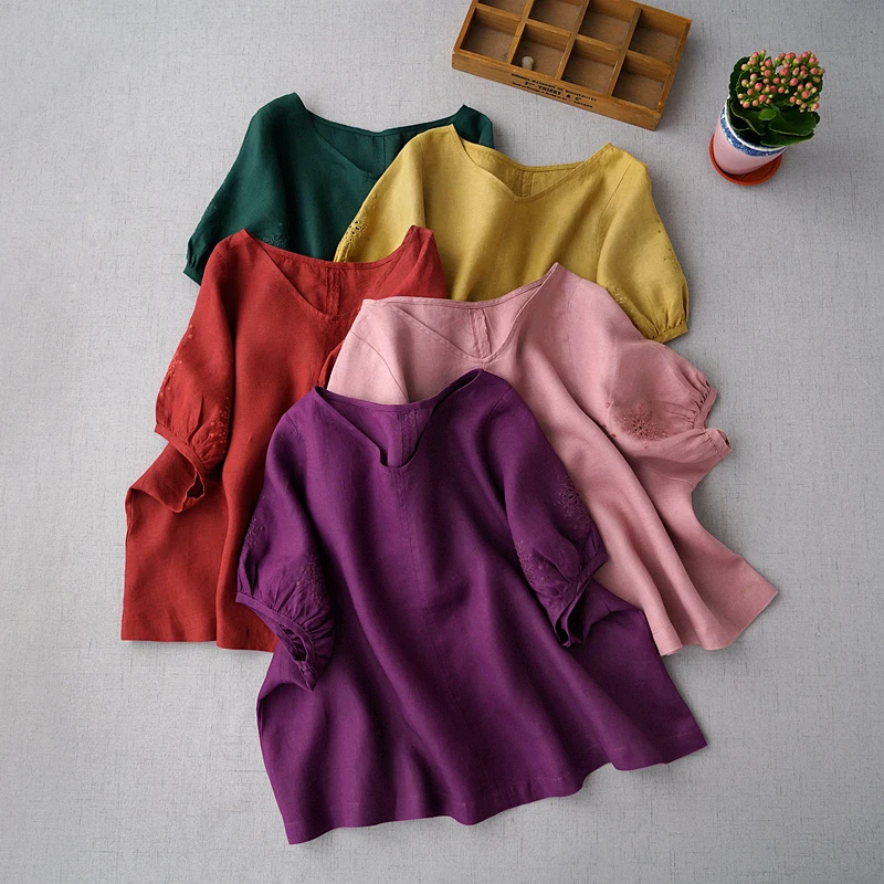 

Summer Women Casual Brief All-match Ultra Loose Plus Size Flower Embroidery Comfortable Linen Pullover Shirts/Blouses 5 Colors