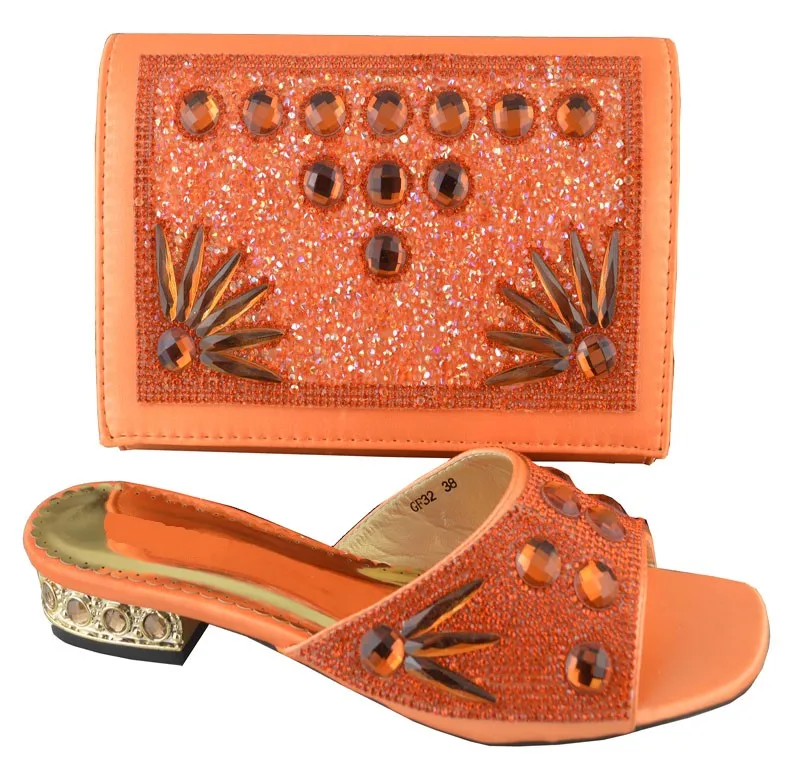 

Most fashion women sandals African shoes match handbag set with big crystal for party dress GF32 Orange,heel 2.5cm